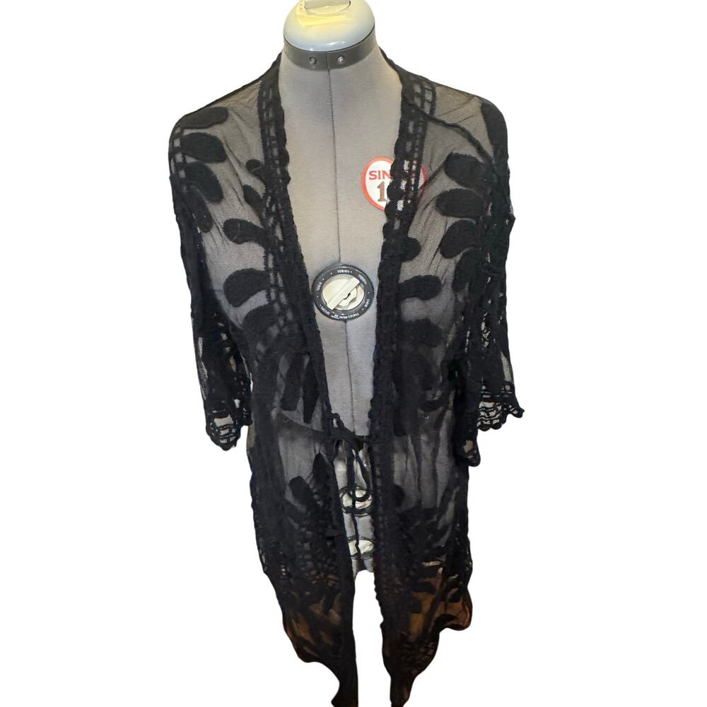 Black Boho Women’s Sheer Embroidered Robe Cardigan one size fits most